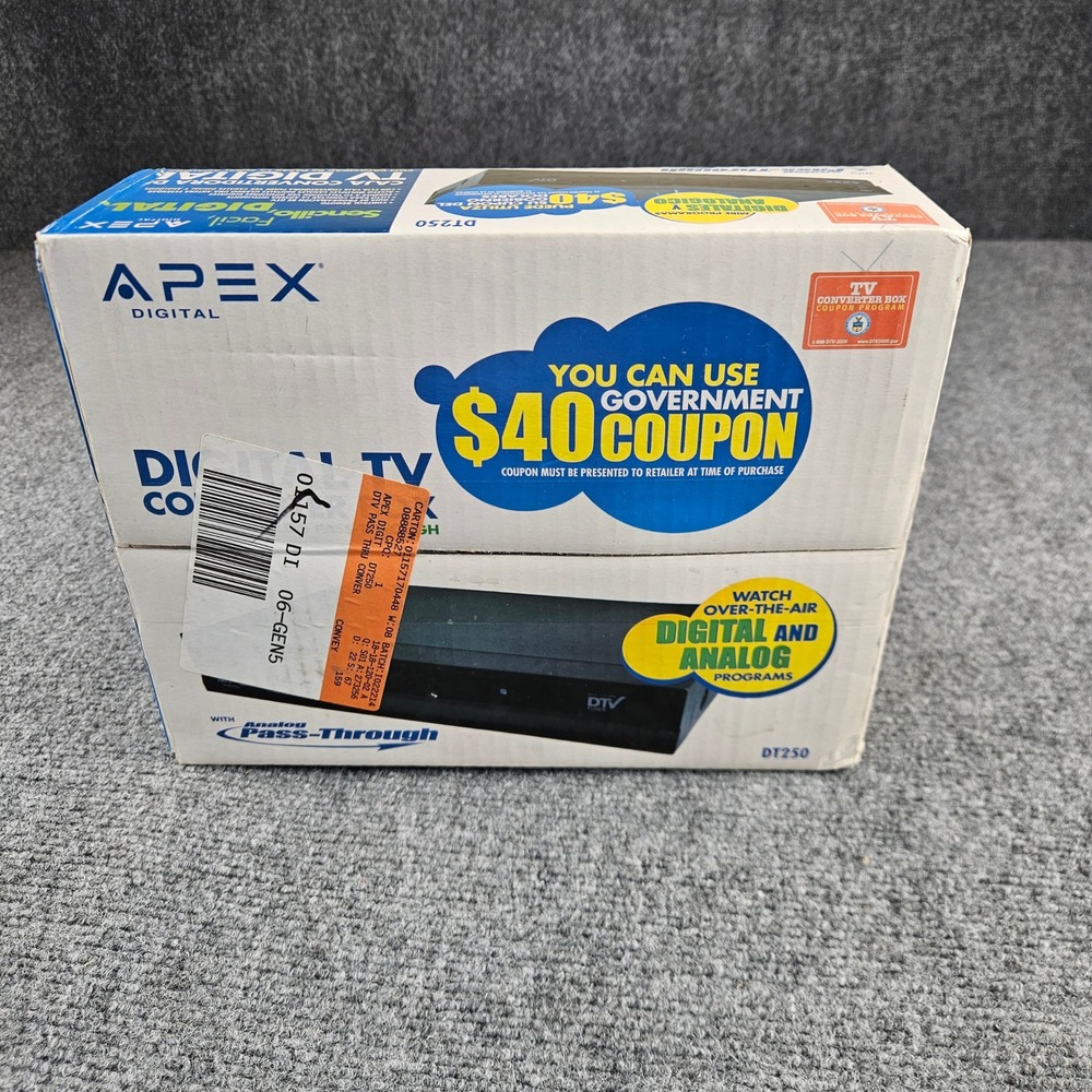 Apex Digital DT250 Digital TV Converter Box Analog Pass-Through Black New Sealed
